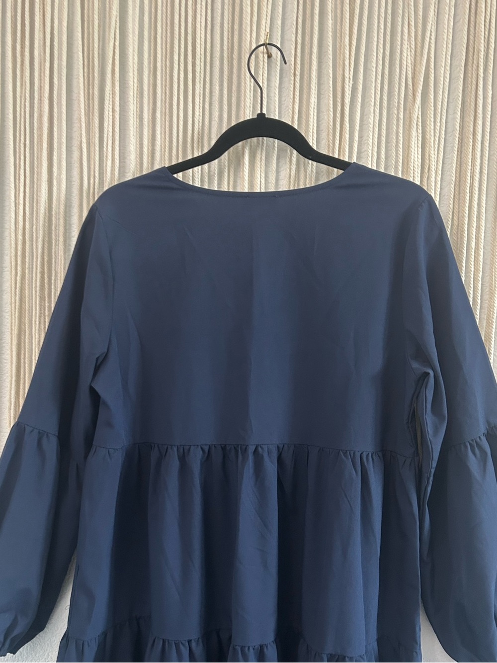 Navy Blue Tiered Babydoll Mini Dress Puff Sleeve Boho Cottagecore V Neck - Picture 12 of 14